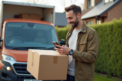 Homme en extérieur vérifiant une liste digitale avec un colis