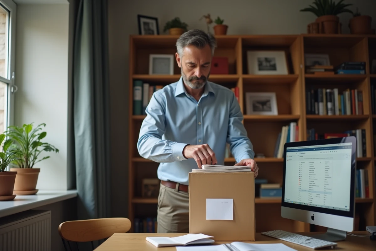 Homme organisant des documents dans un bureau à domicile