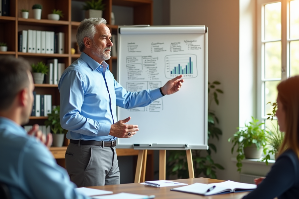 Homme en réunion expliquant un graphique à ses collègues