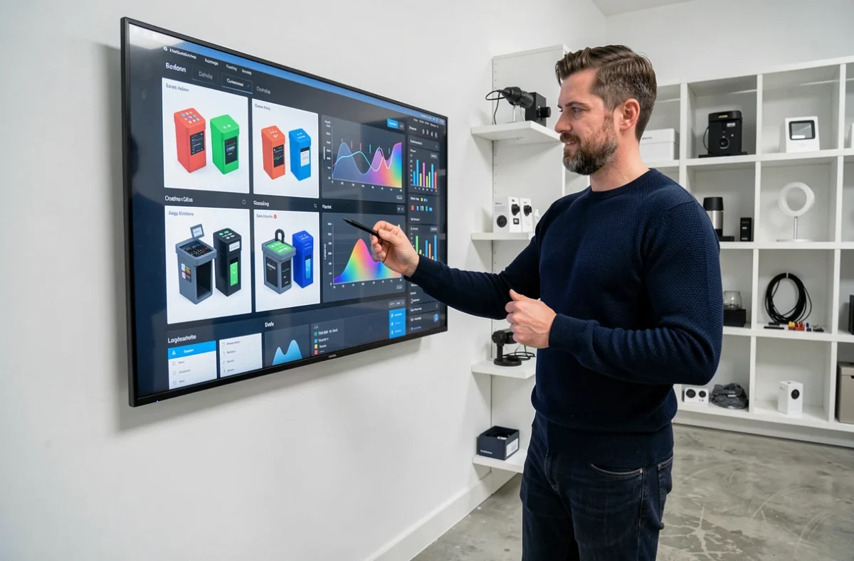 Homme présentant des prototypes de produits générés par intelligence artificielle sur un grand écran dans un laboratoire technologique