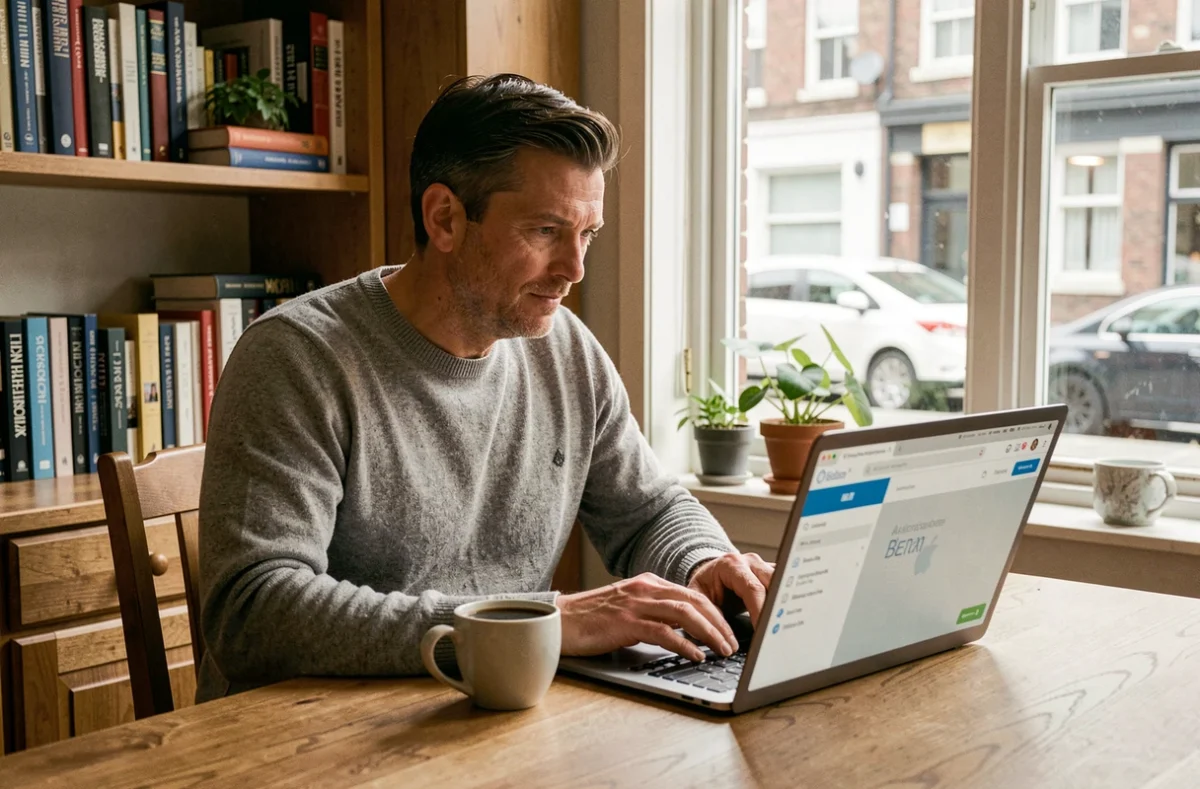 Homme en reconversion professionnelle naviguant sur une plateforme de formation en ligne depuis son domicile