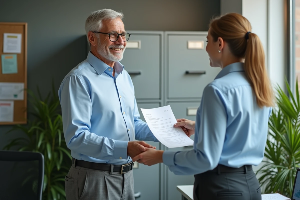 Homme remettant des documents à un responsable RH dans un bureau