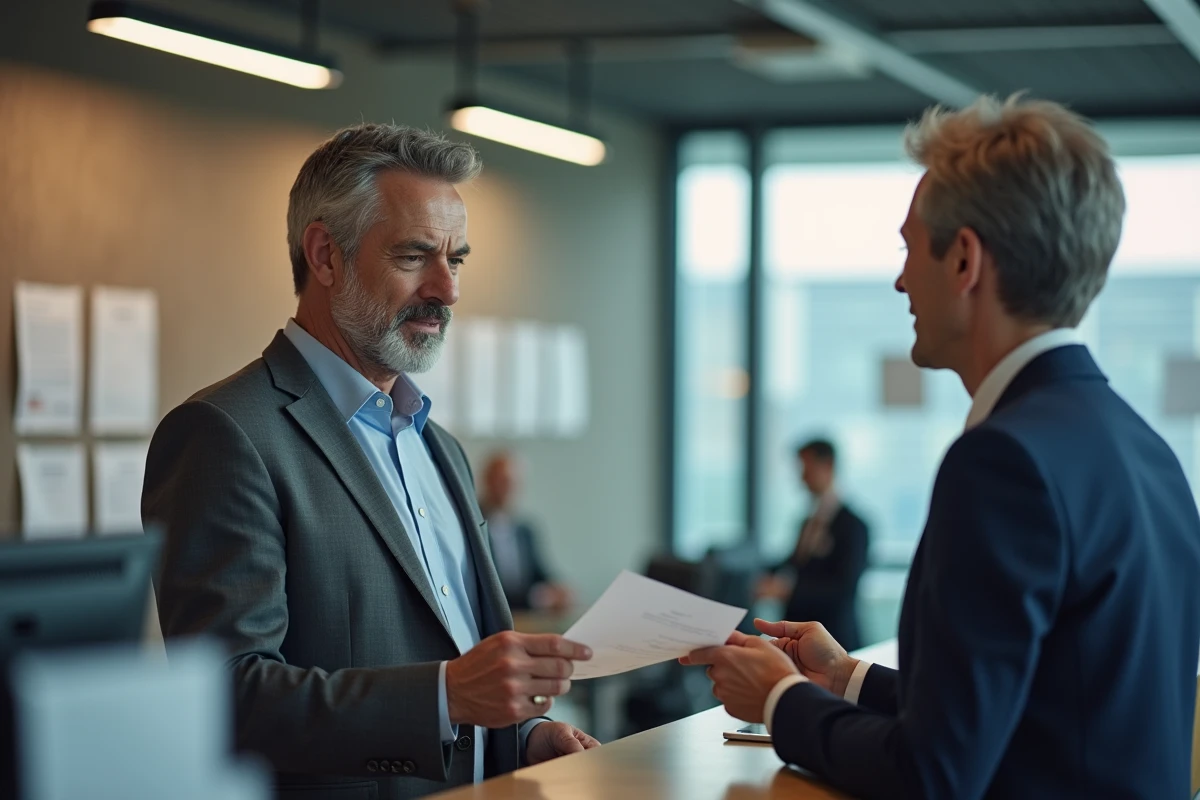 Homme d age remettant un document au personnel RH