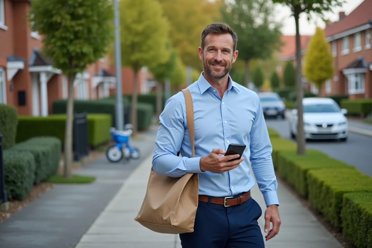 Homme dans une rue résidentielle avec sac déjeuner