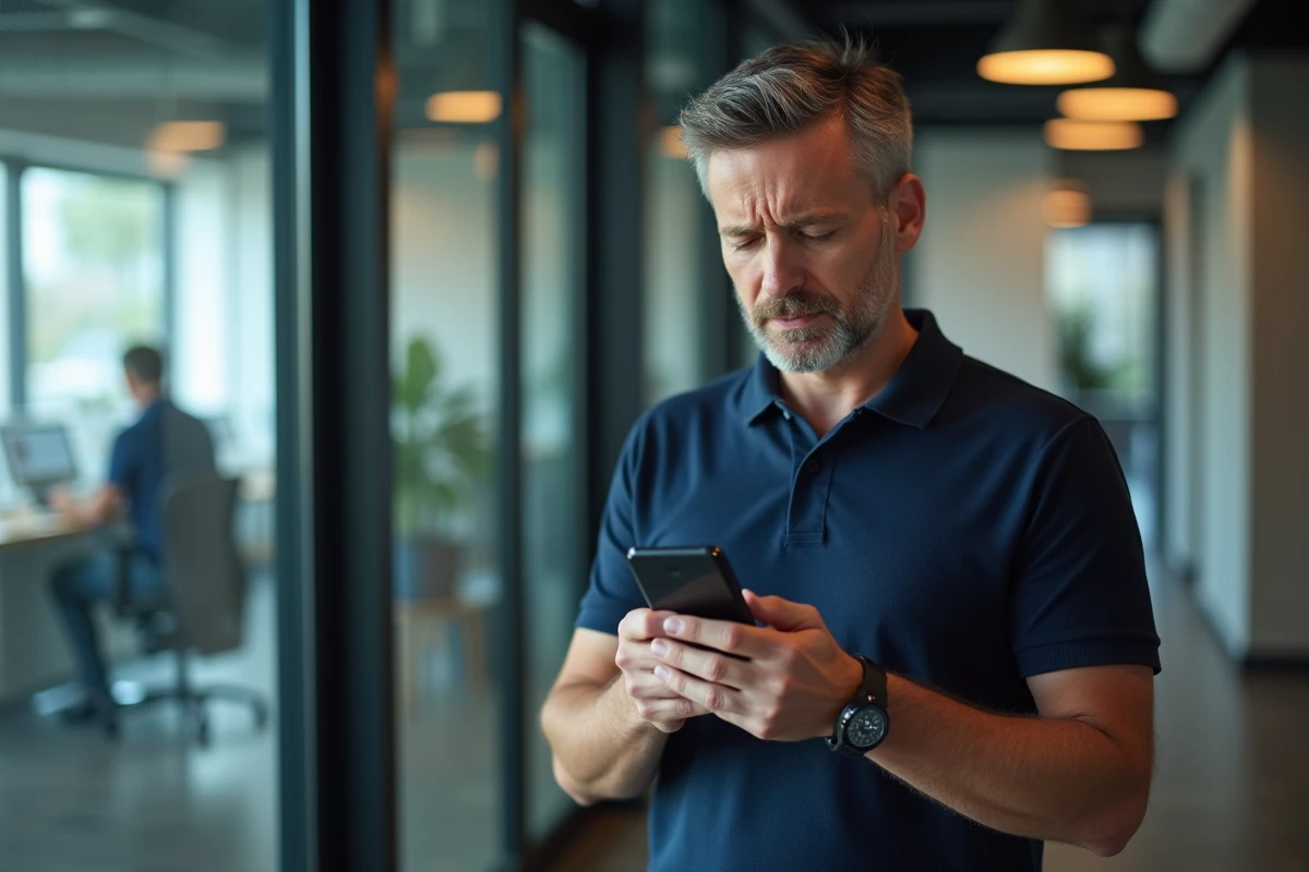 Homme consultant son smartphone avec un message de compte Mon ADP bloqué dans un open space