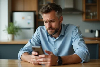Homme d'âge moyen utilisant son smartphone dans une cuisine moderne
