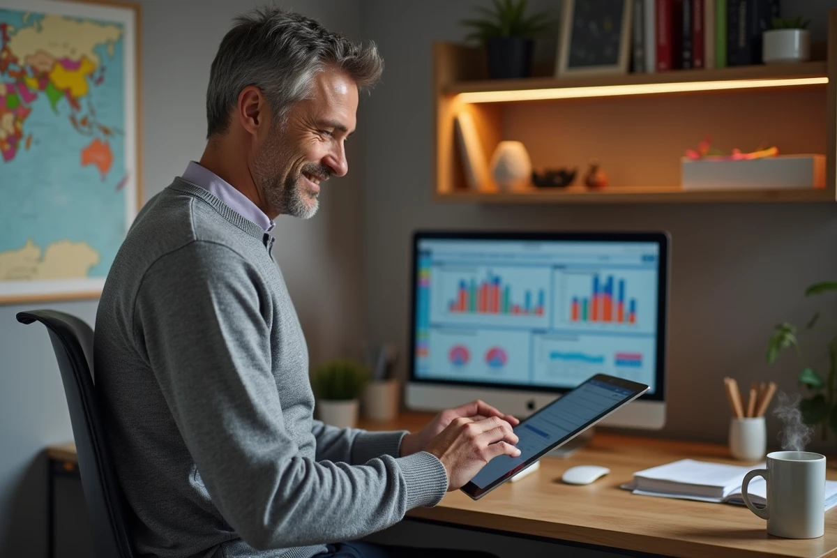 Homme consultant un tableau de bord de gestion sur tablette dans un bureau à domicile, illustrant l'utilisation intuitive d'un logiciel ERP pour non-experts