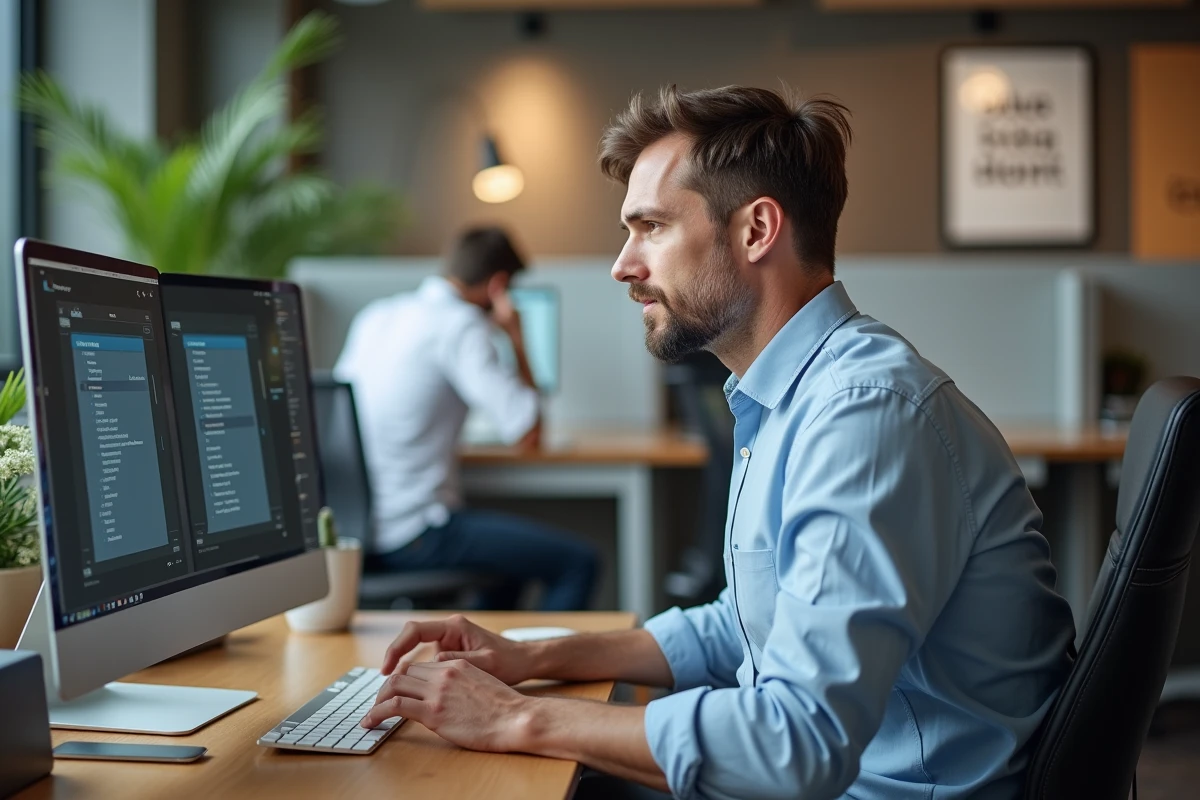Homme d affaires ajustant une note de service sur son ordinateur dans un espace coworking