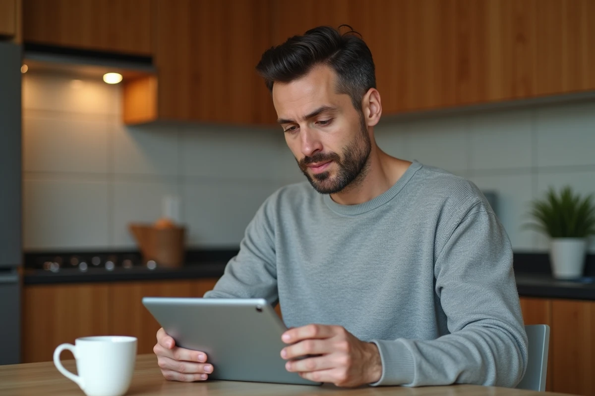 Homme vérifiant son identité numérique sur une tablette pour sécuriser une démarche juridique officielle depuis chez lui