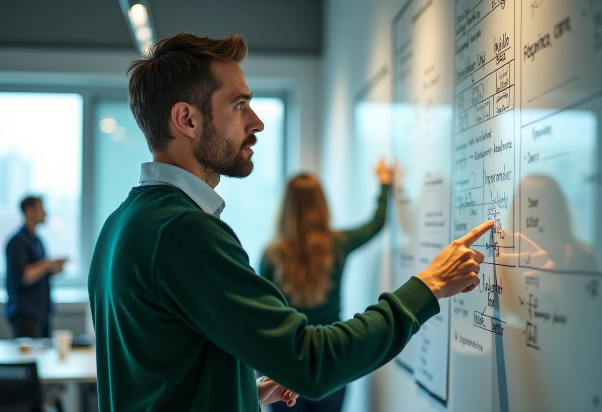 Homme pointant un tableau blanc avec diagrammes de data
