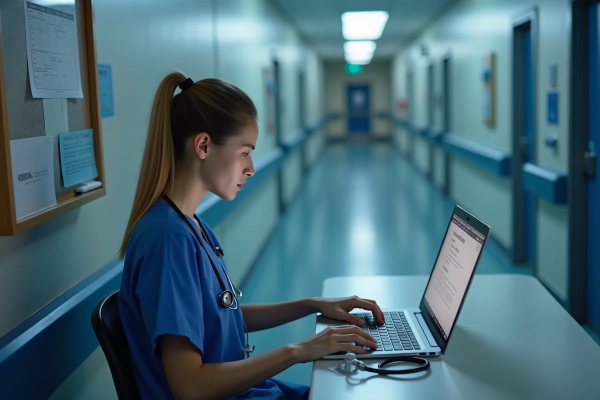 Infirmière de nuit consultant les réglementations sur la majoration salariale des heures nocturnes depuis le poste de soins