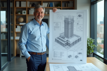 Ingénieur homme devant un plan détaillé dans un bureau moderne