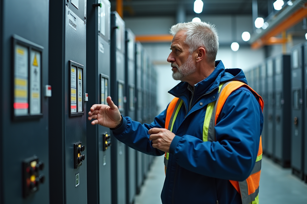Ingénieur inspectant une batterie lithium-ion industrielle