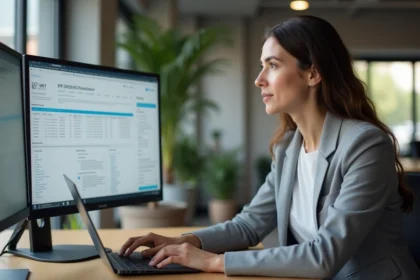 Femme intégrant un outil numérique sur plusieurs écrans dans un bureau professionnel moderne