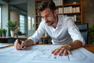 Investisseur immobilier analysant des plans architecturaux et des documents financiers sur un bureau en bois dans un bureau moderne