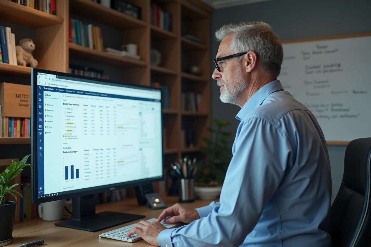 Investisseur consultant une plateforme de recherche d'entreprises comme Pappers sur un grand écran depuis son bureau à domicile