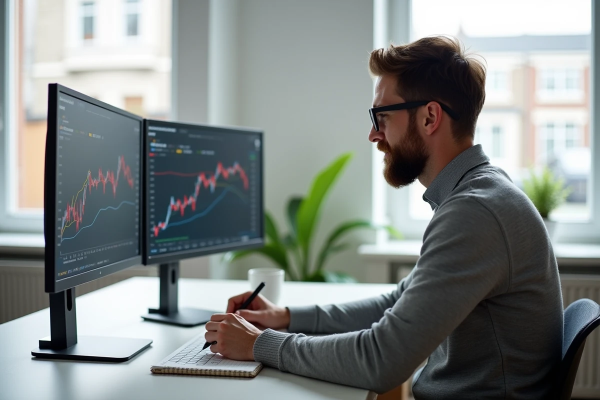Investisseur immobilier travaillant depuis son bureau à domicile sur des plateformes d'analyse financière et de recherche de biens immobiliers
