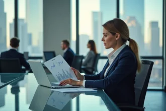 Investisseuse professionnelle analysant des données financières sur ordinateur dans un bureau moderne