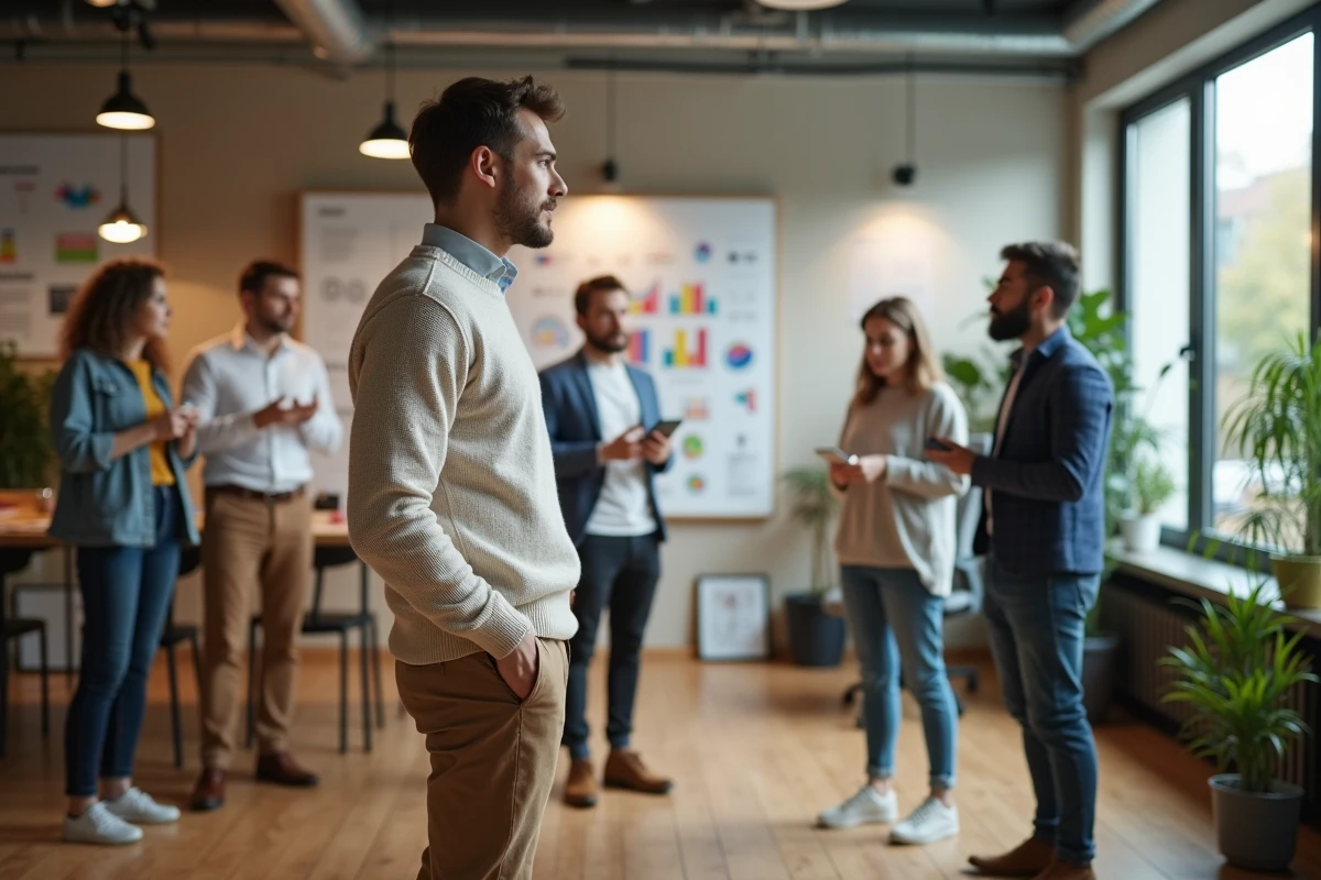 Jeune homme créatif présentant un moodboard dans un espace de travail