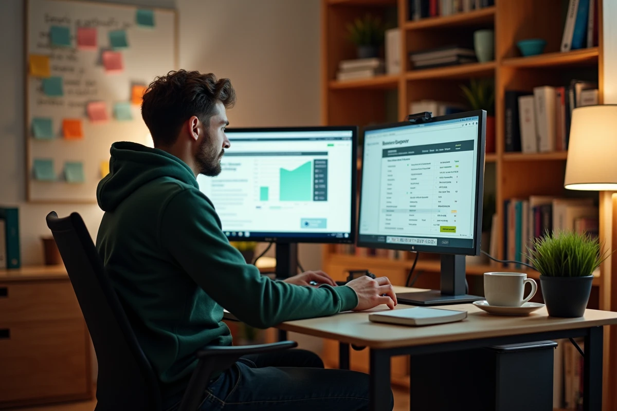 Jeune entrepreneur comparant les aides disponibles en 2026 sur ordinateur entre dispositifs publics et plateformes privées