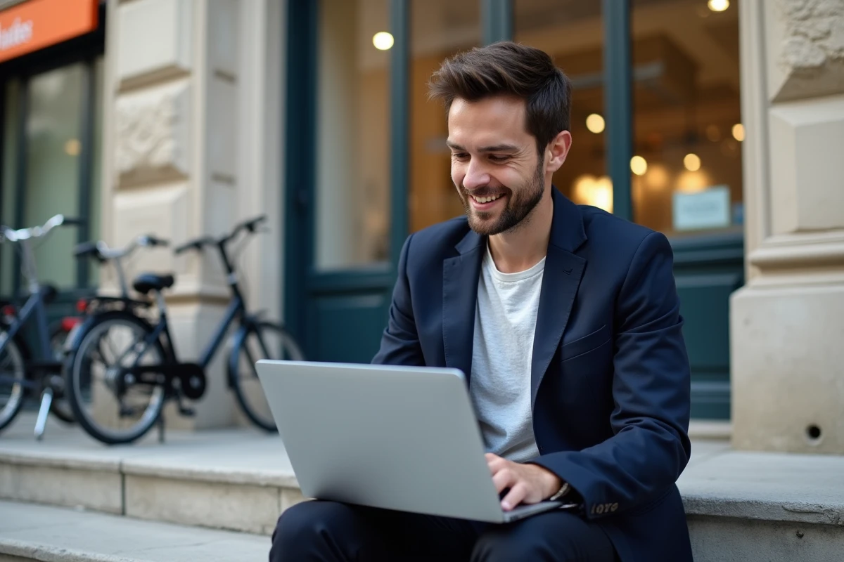 Jeune entrepreneur français assis sur les marches