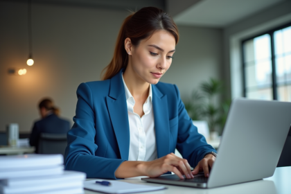 Jeune femme d'affaires concentrée sur son ordinateur dans un bureau moderne