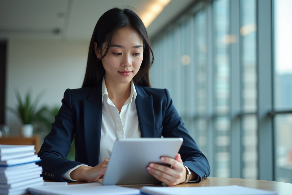 Jeune femme professionnelle vérifiant une checklist sur tablette