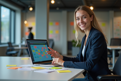 Jeune femme au bureau avec carte mentale numérique