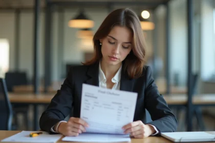Jeune femme au bureau examine sa fiche de paie