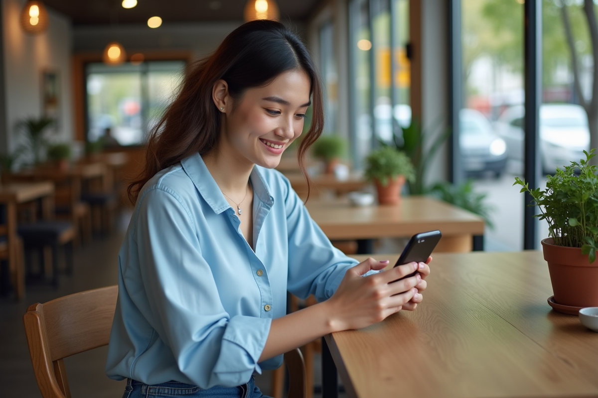 Jeune femme souriante utilisant son smartphone dans un café