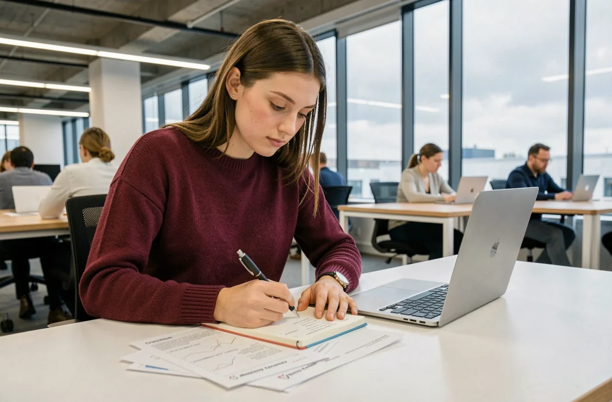 Jeune femme qui complète son plan d'action pour l'emploi dans un espace de coworking moderne avec un carnet et des documents imprimés