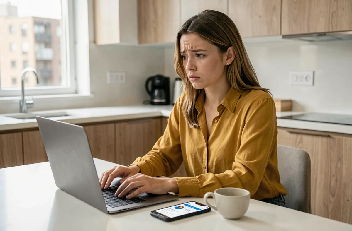 Jeune femme signalant en ligne une arnaque présumée liée à un service de transfert d'argent international depuis son domicile