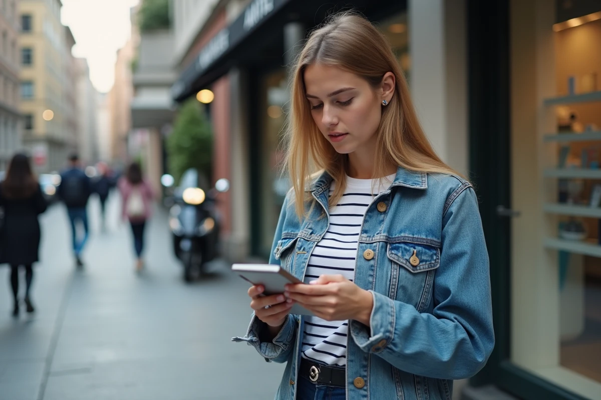 Jeune femme lisant un numéro sur un carnet dans la rue