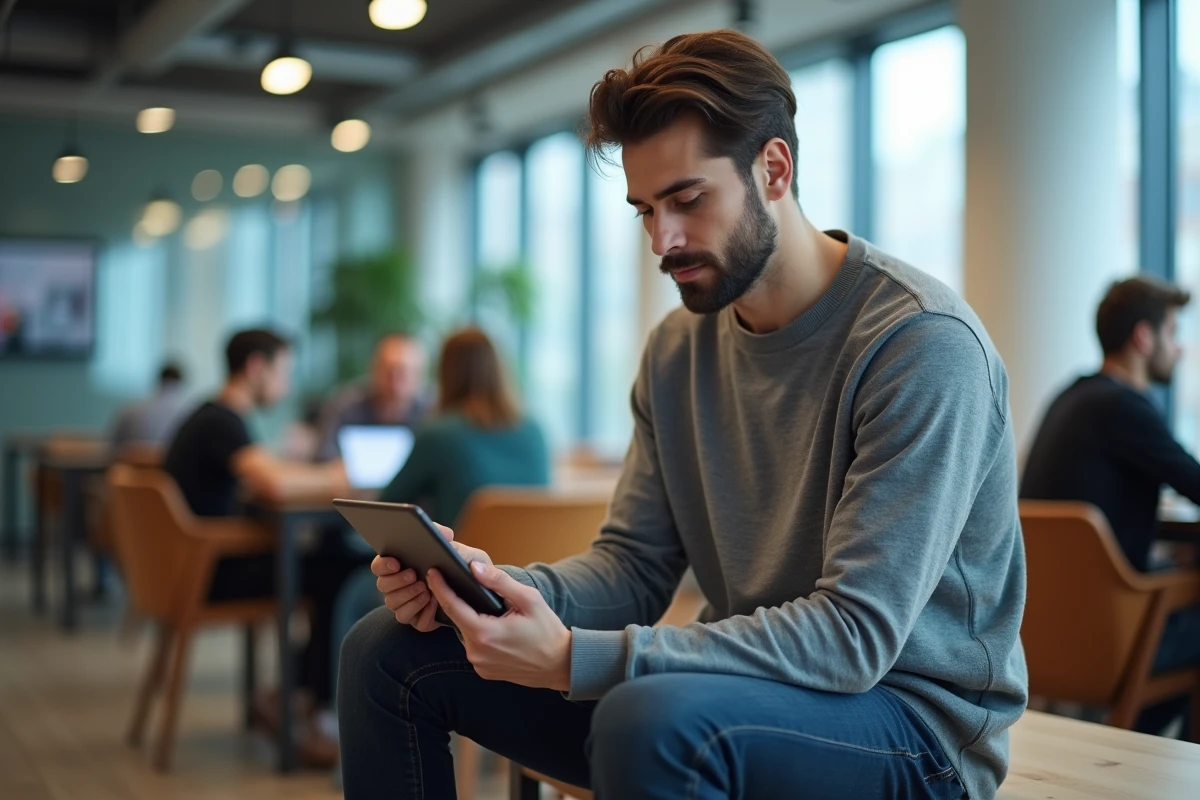 Jeune homme utilisant une tablette dans un espace de coworking moderne