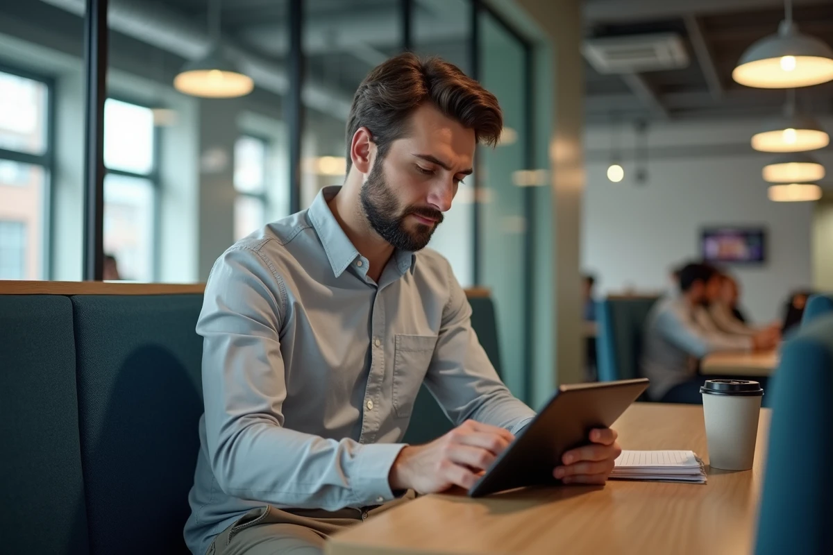 Jeune homme dans un espace coworking consultant une liste d
