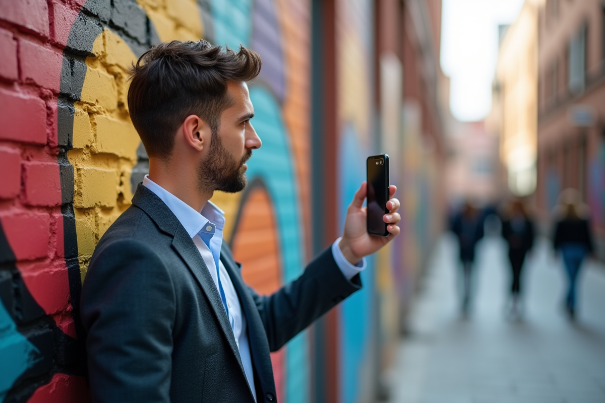 Jeune homme filmant une fresque murale en ville