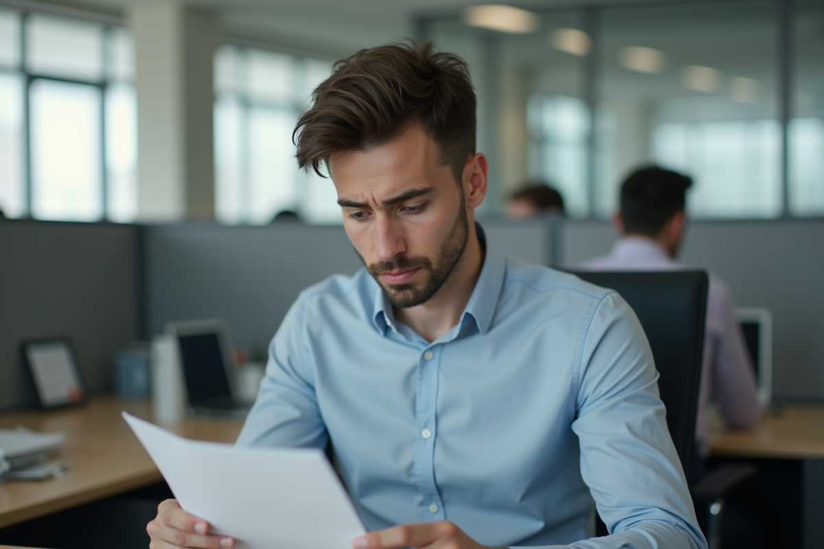 Jeune employé regardant une lettre de licenciement dans un bureau