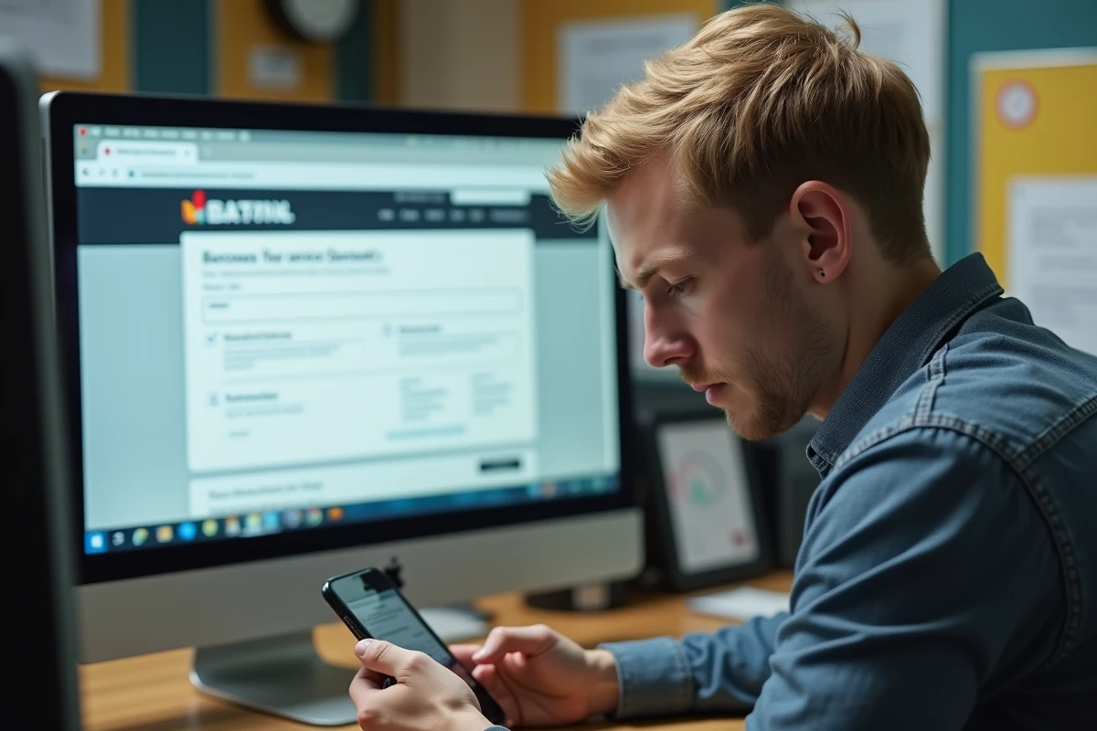 Jeune homme vérifiant son smartphone au bureau