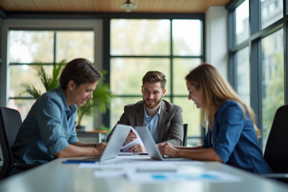 Jeune stagiaire marketing collaborant avec collègues dans un bureau lumineux