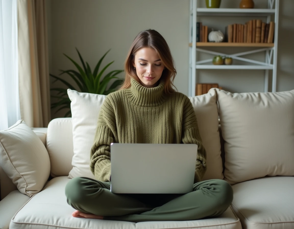 Jeune professionnelle rédigeant un post LinkedIn optimisé avec du gras sur ordinateur portable depuis son domicile