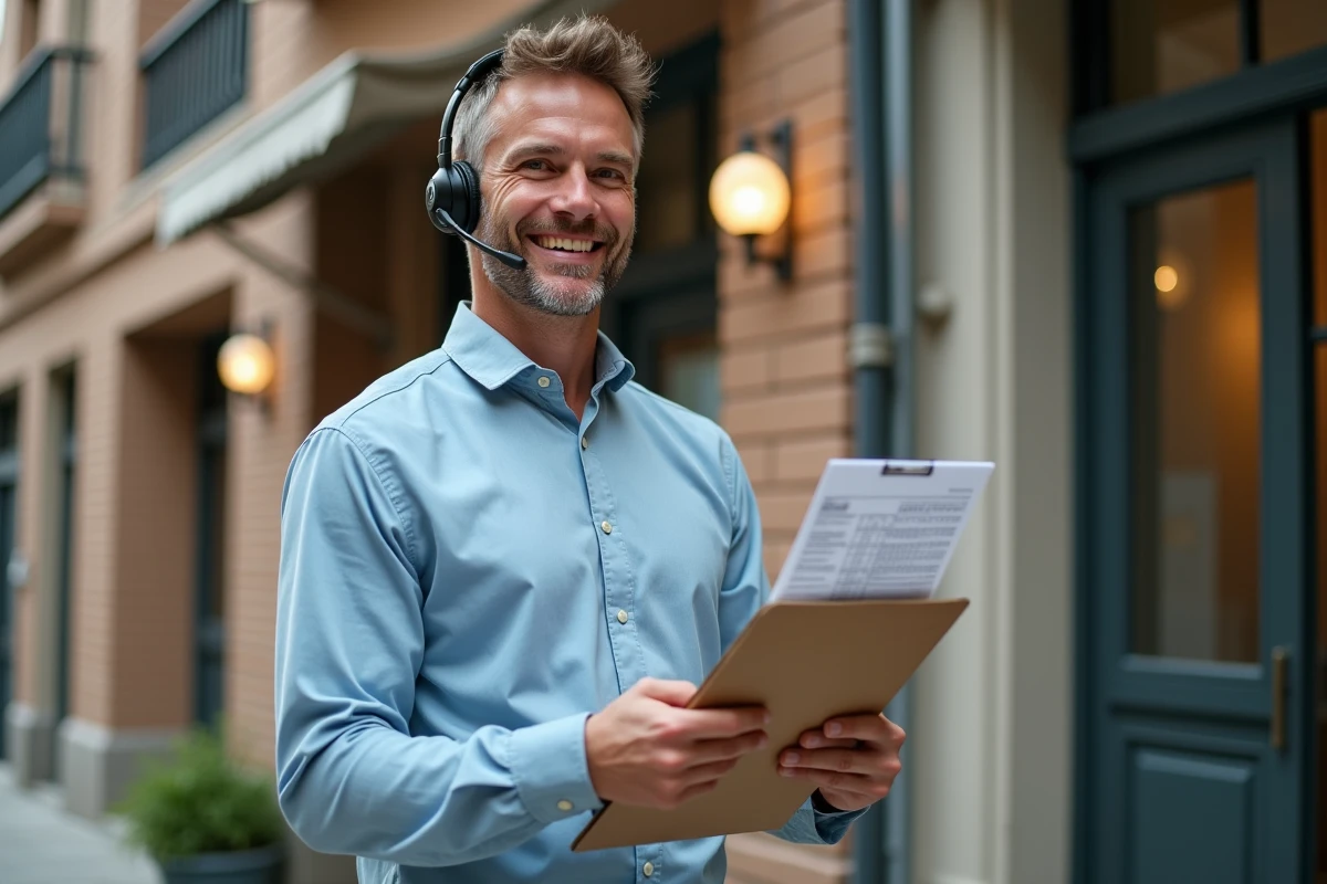 Livreur avec un colis devant un immeuble dappartements urbain