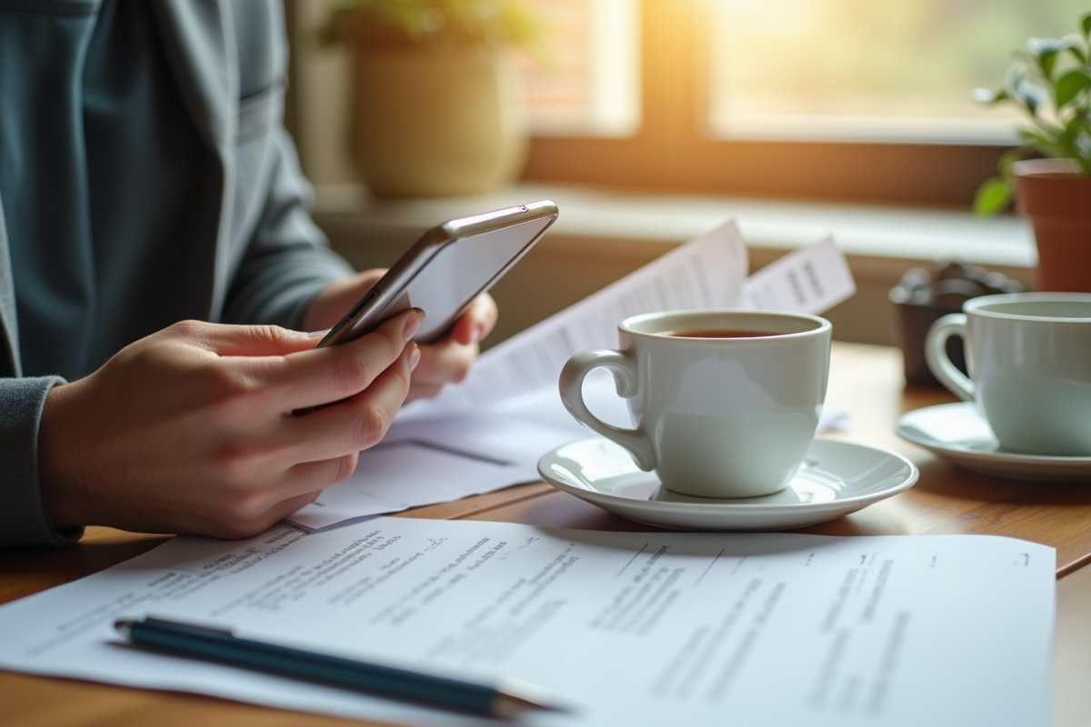 Mains tenant un smartphone et des reçus sur une table ensoleillee