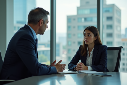 Manager en costume navy parlant à une employée au bureau
