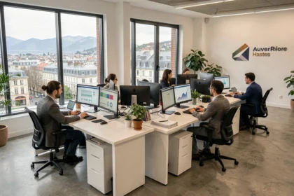 Vue d'ensemble d'un bureau moderne à Lyon avec des consultants SEO travaillant sur des écrans affichant des données de référencement naturel en Auvergne-Rhône-Alpes
