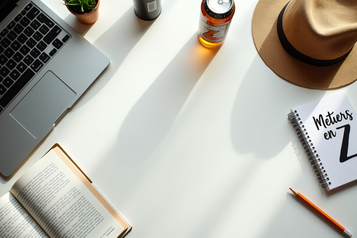 Objets liés aux métiers Z sur un bureau lumineux
