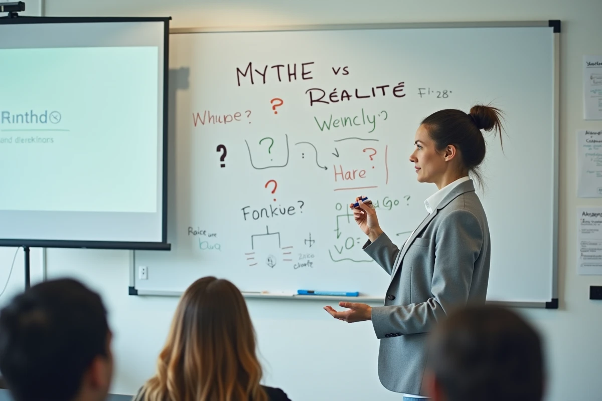 Femme professionnelle devant un tableau blanc analysant la différence entre mythe et réalité d'un projet d'entreprise