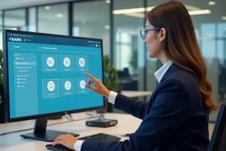 Femme professionnelle naviguant sur l'intranet Inetum pour accéder à ses applications métier depuis son bureau en open space