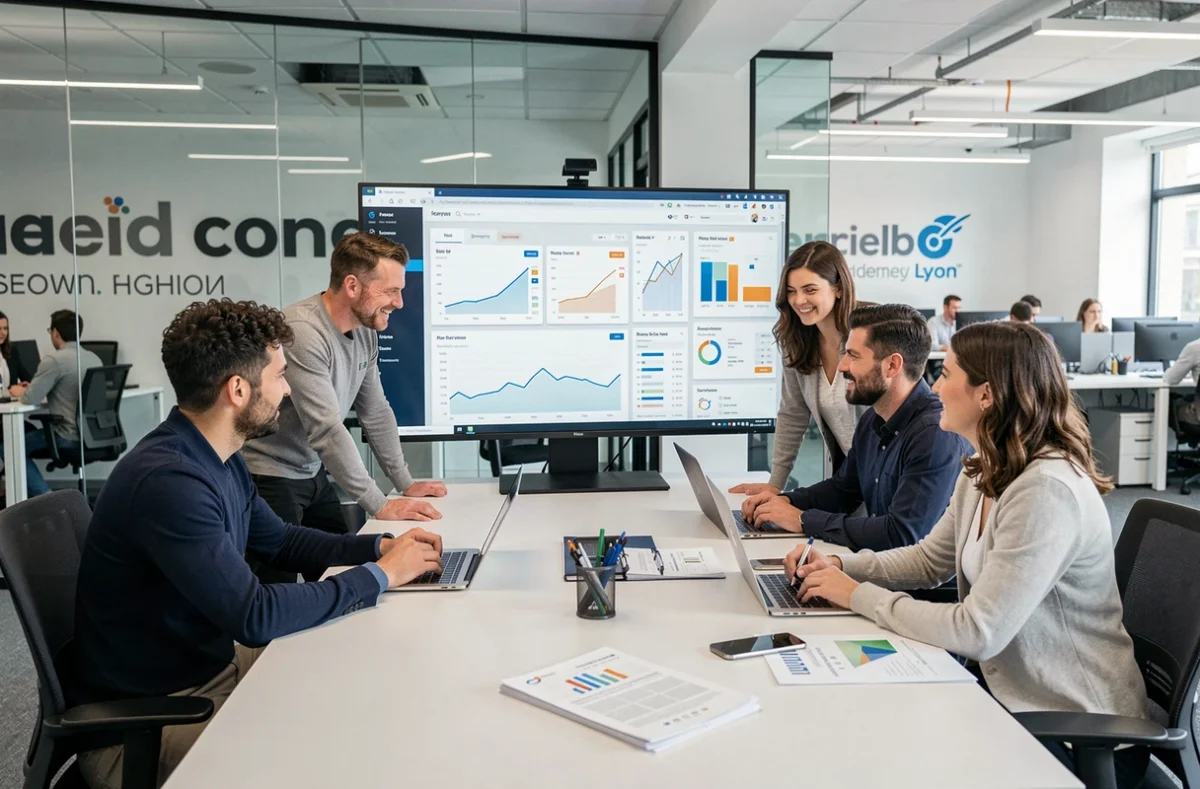 Équipe de l'agence NOIISE réunie autour d'un tableau de bord SEO multi-sites dans un bureau moderne de Lyon