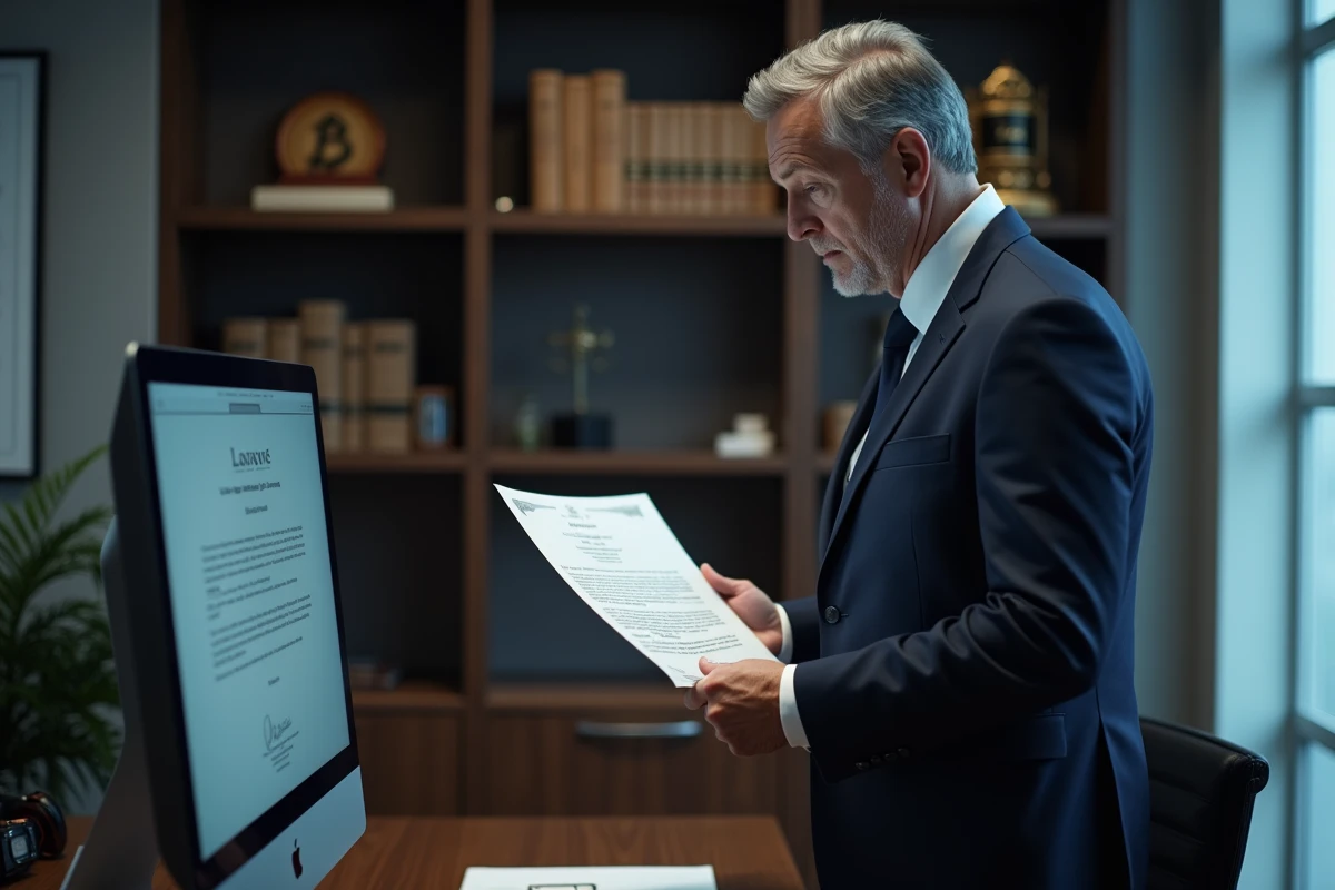 Notaire consultant une plateforme de signature numérique certifiée pour sécuriser des documents juridiques officiels