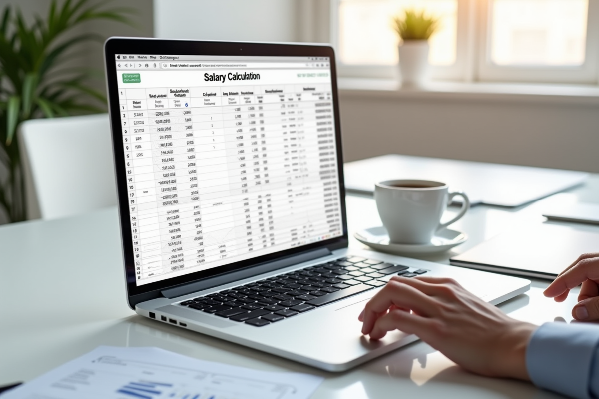 Ordinateur portable affichant un tableau de calculs de salaire